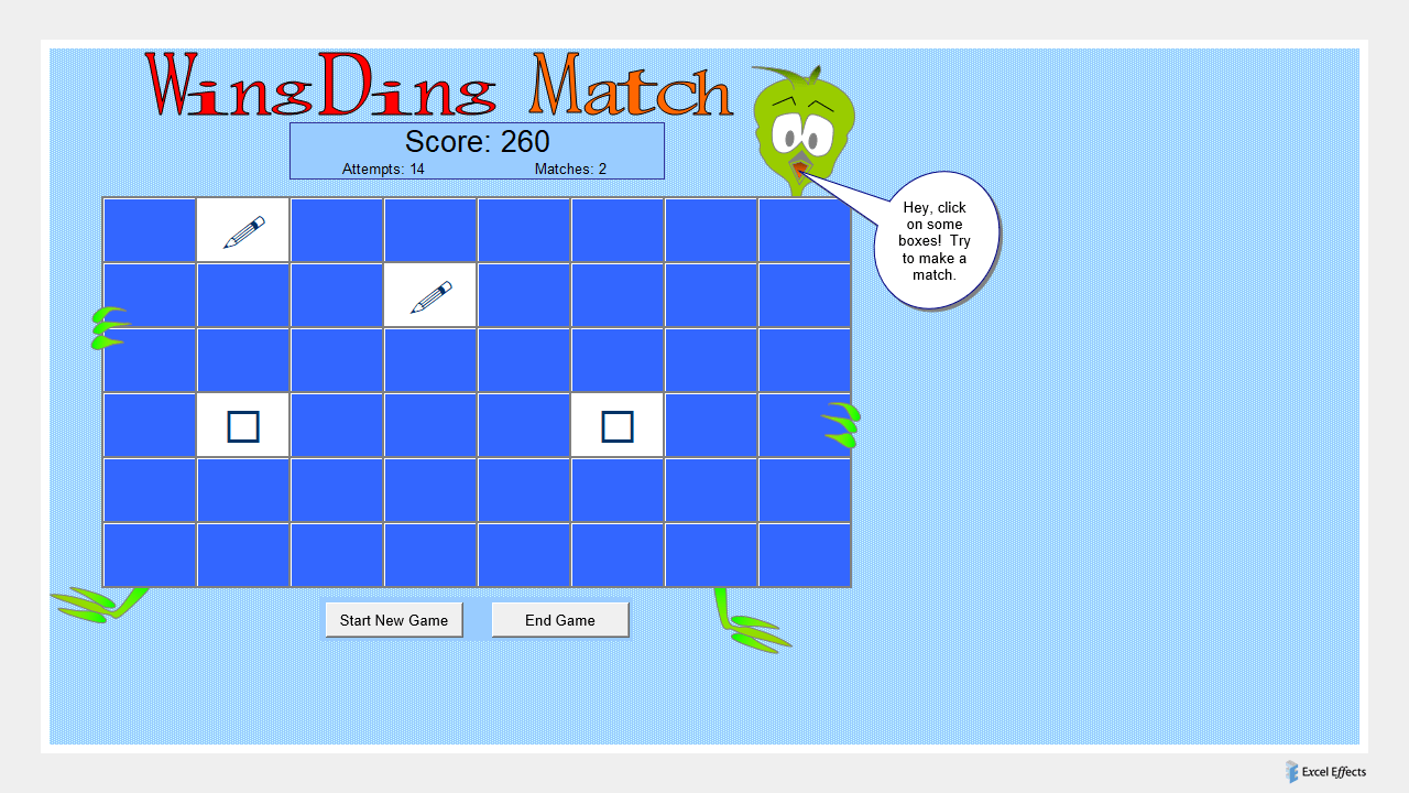 First Wingding Match screenshot, showing matched selections - Excel Effects