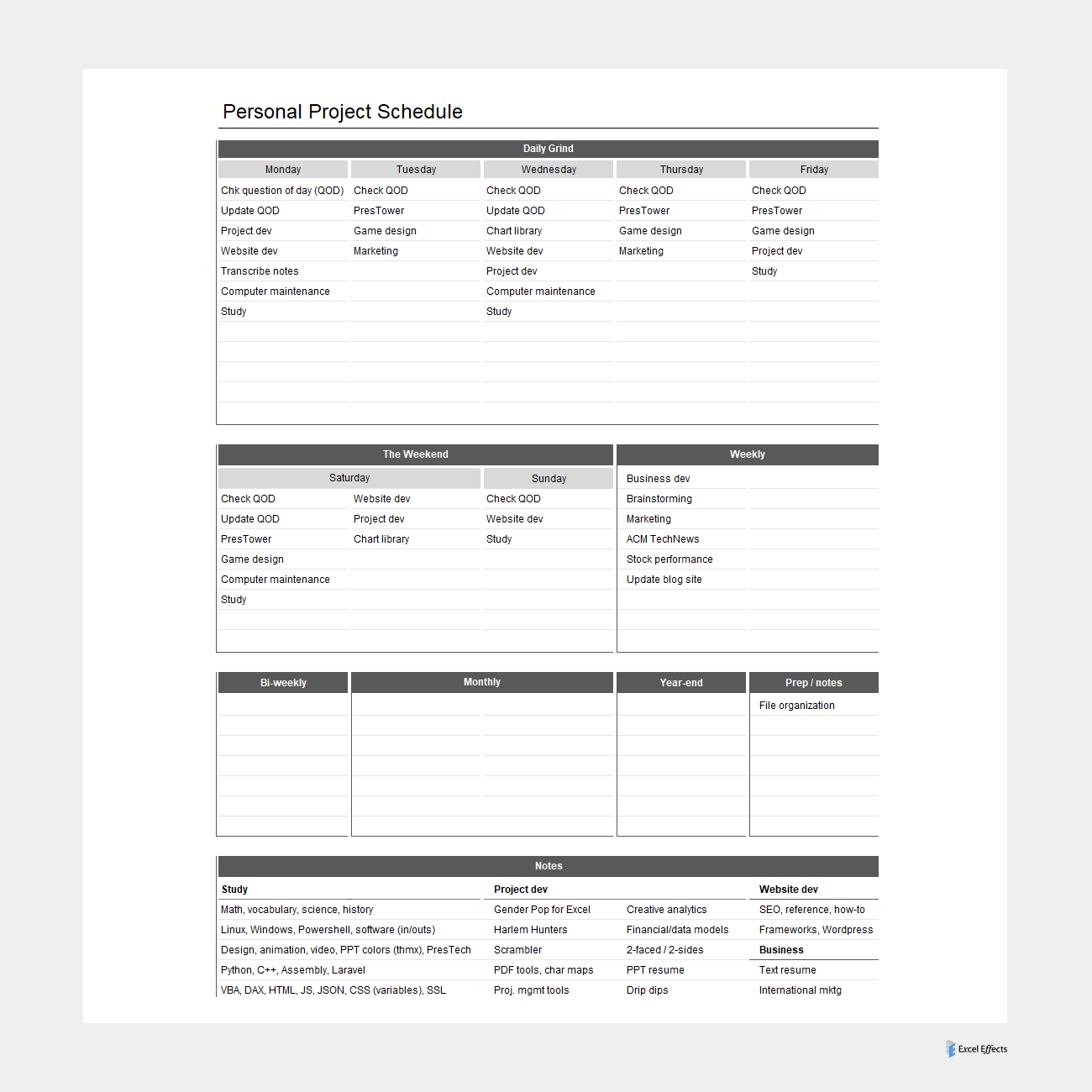 Personal Project Schedule for Excel
