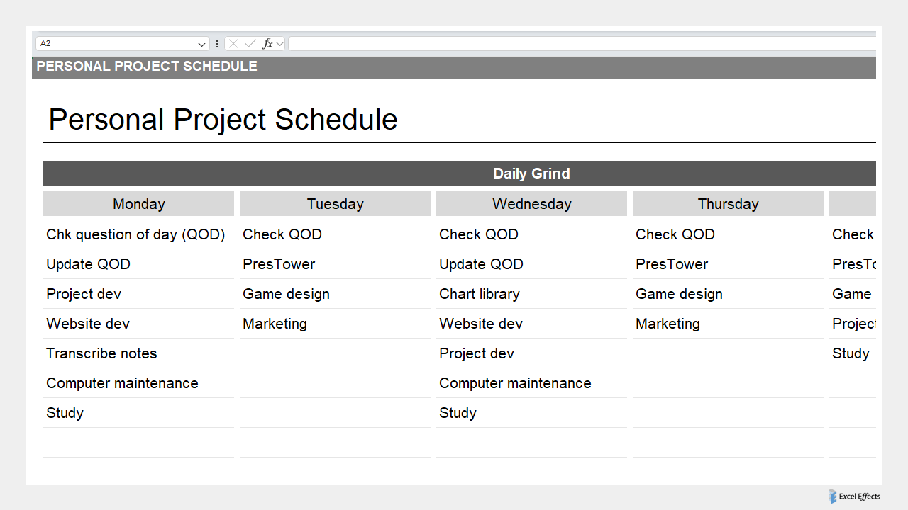 Daily grind section of the Personal Project Schedule - Excel Effects