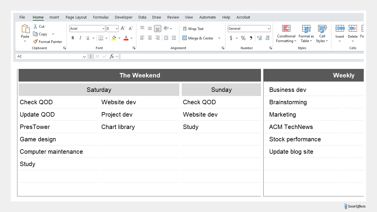 Weekend and weekly sections of the Personal Project Schedule - Excel Effects