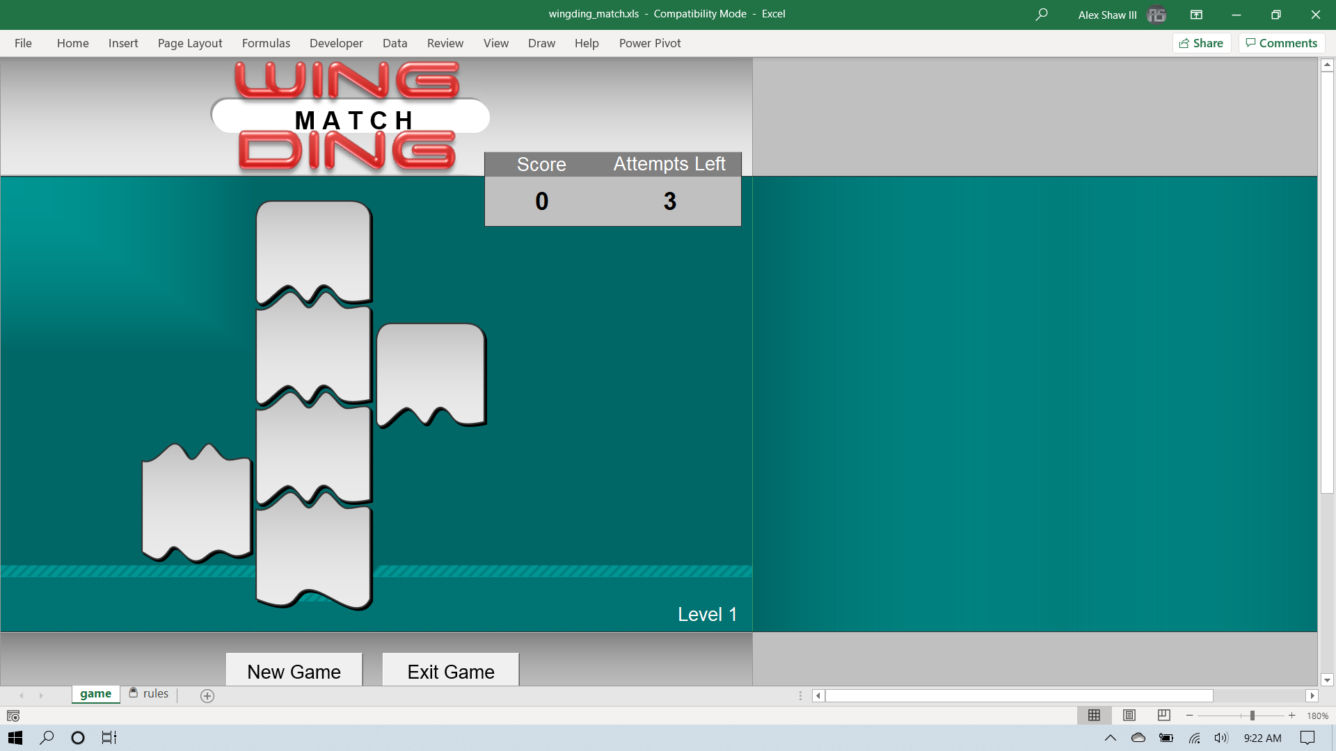 Wingding Match game for Microsoft Excel