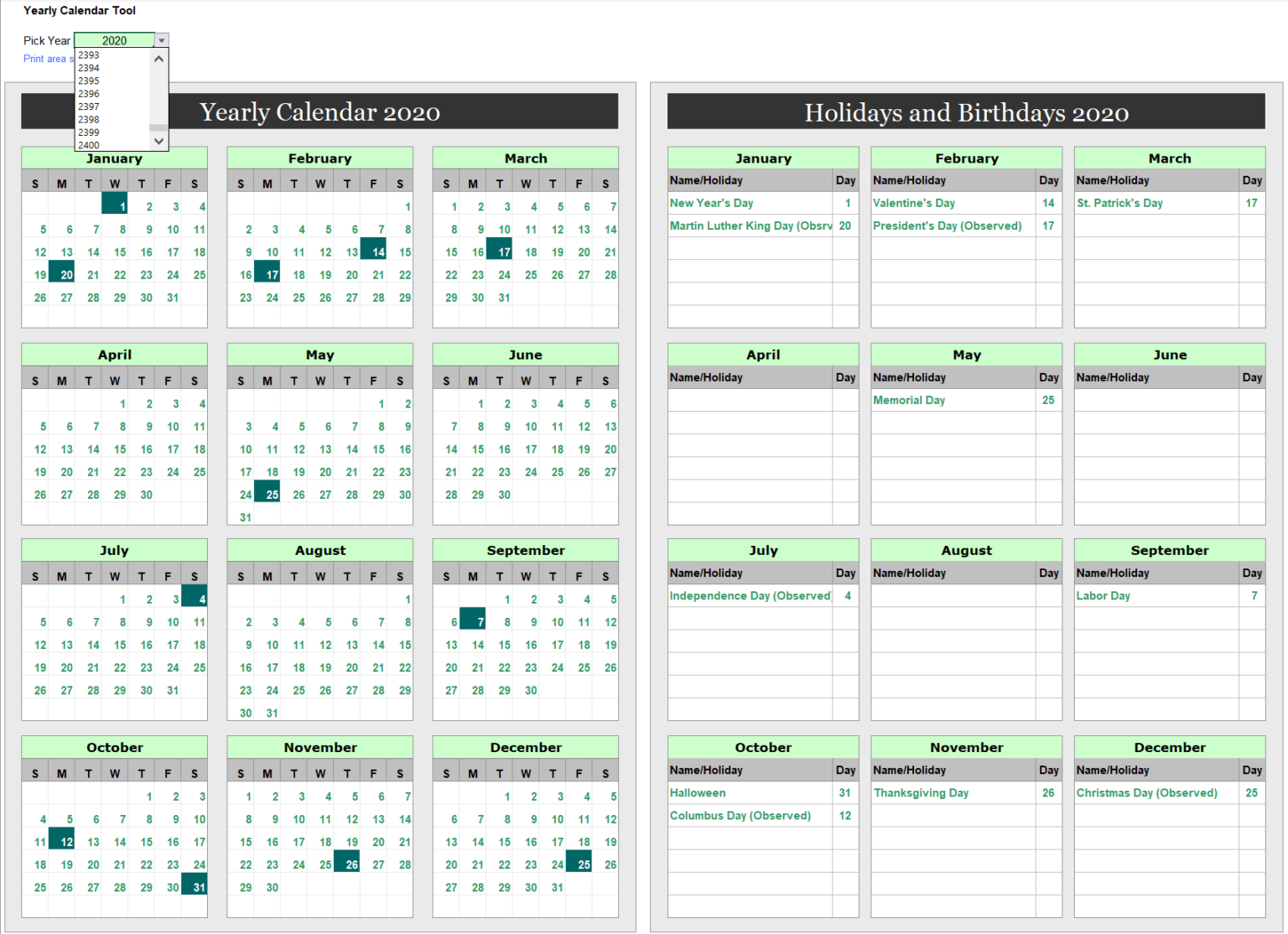 Dynamic Yearly Calendar For Microsoft Excel Excel Effects