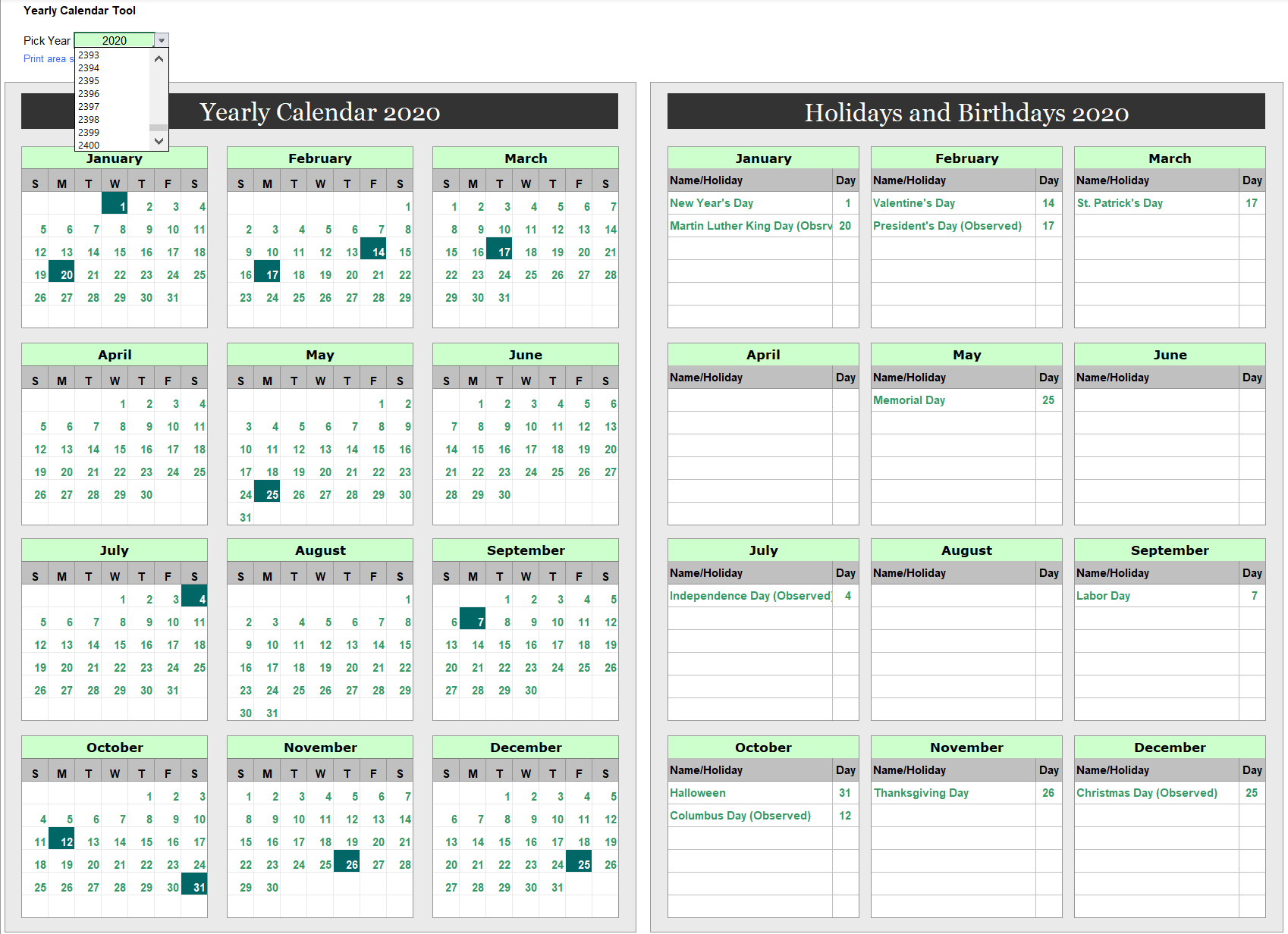 Project management tool - Dynamic yearly calendar