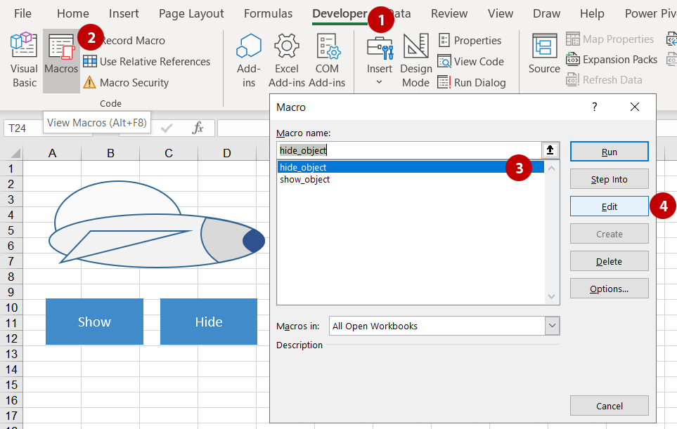 How to show or hide an object in Excel with a button click