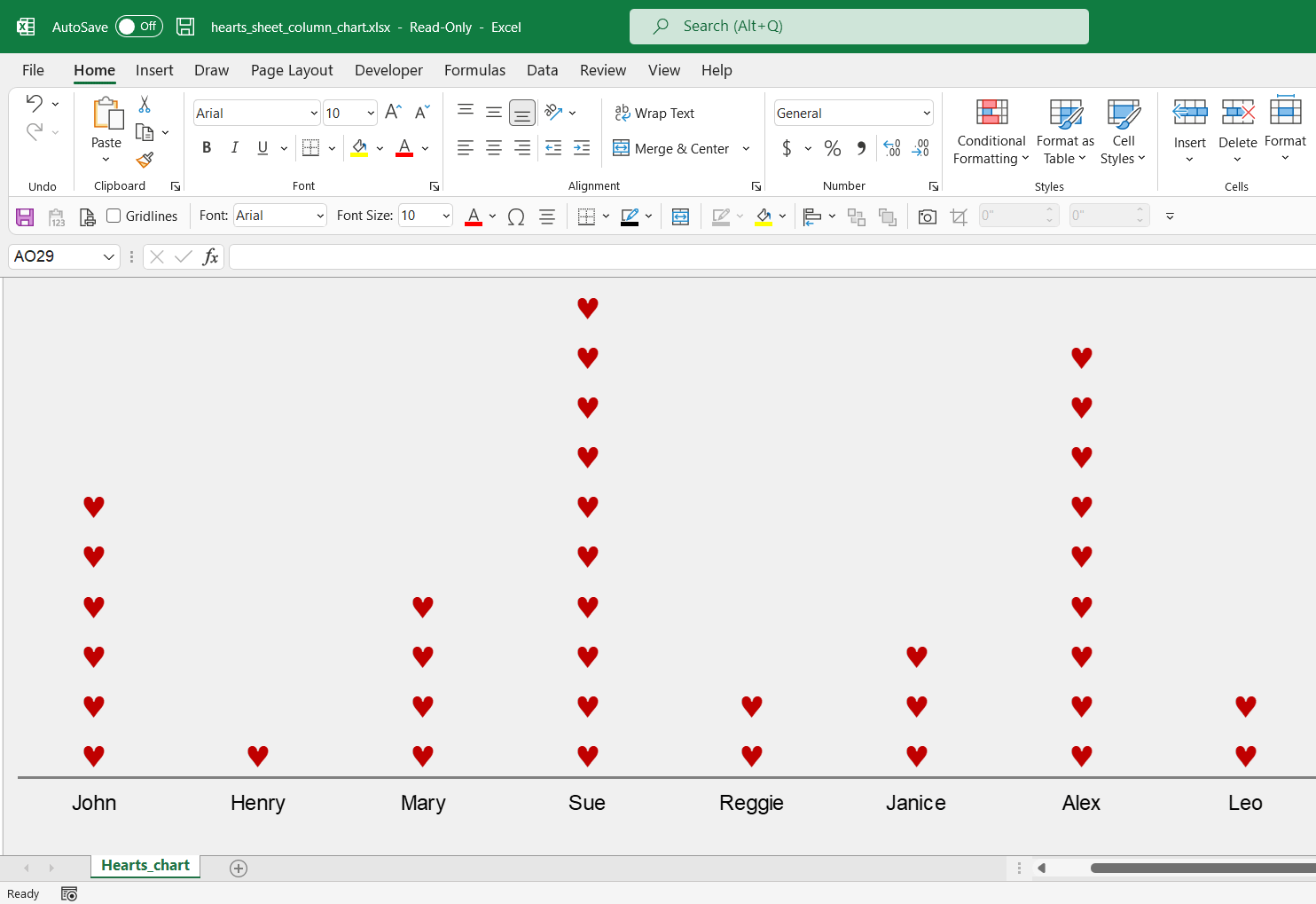 Hearts column sheet chart for Excel