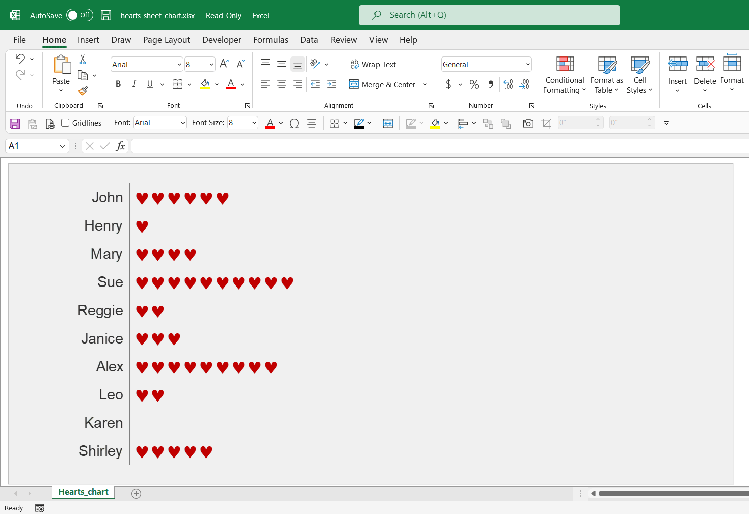 Hearts row sheet chart for Excel.