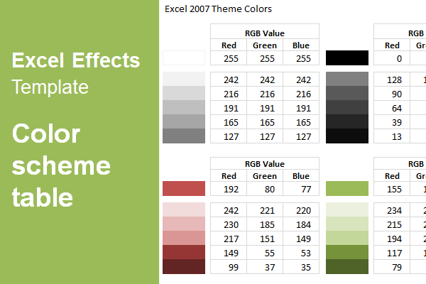 Color scheme table for Excel