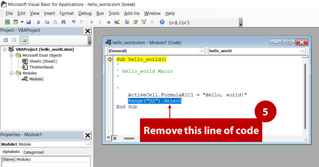 Step 5 - Edit a macro - Highlight and remove a line of code