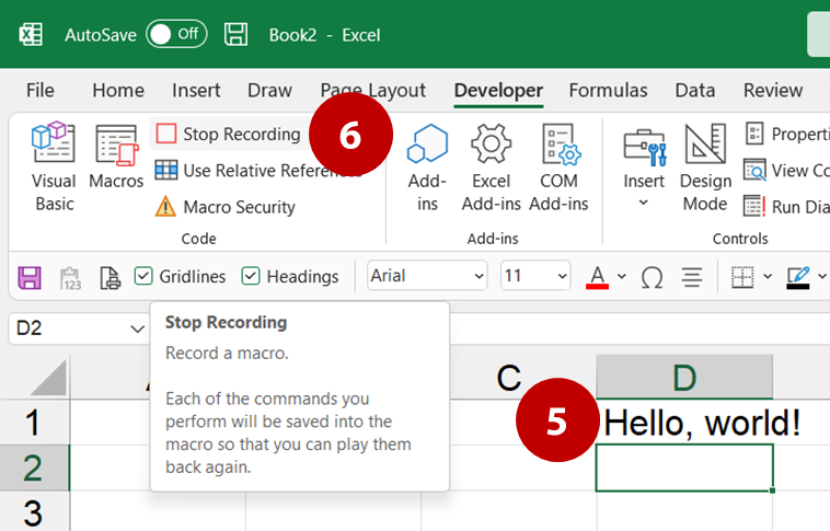 Steps 5 and 6 - Hello world - Sheet showing "Hello, world!" and the Stop Recording option in the Developer ribbon