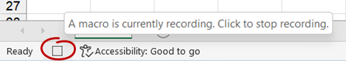 Excel status bar showing the stop recording macro icon