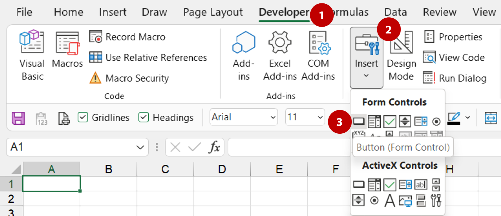 Steps 1 to 3 - Run a macro - Insert form button