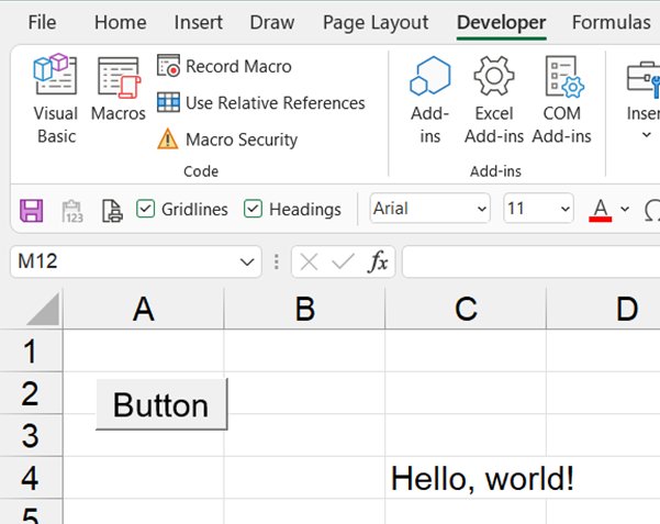 Sheet with a form control button and Hello, world! text, from the macro