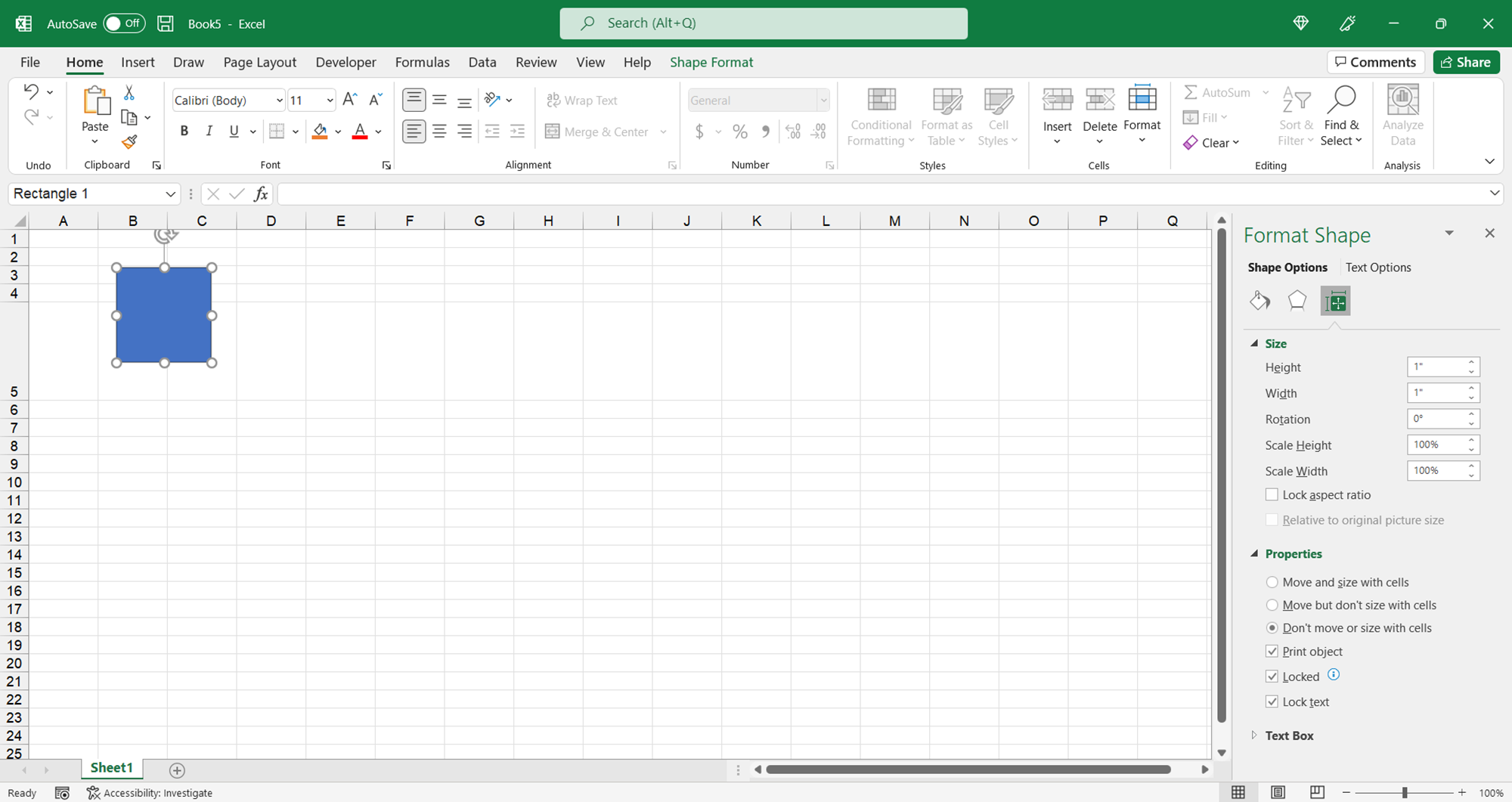 How to keep the size and position of an object in Excel