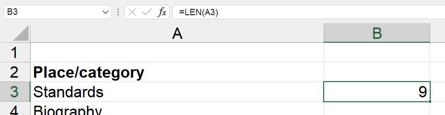 Example 1b - Results of the LEN worksheet function