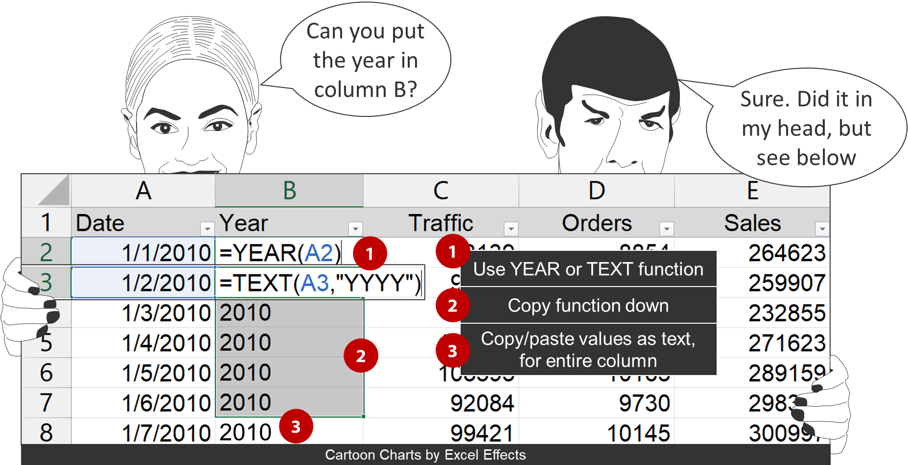 Extract year from standard date - Cartoon Charts - Excel Effects