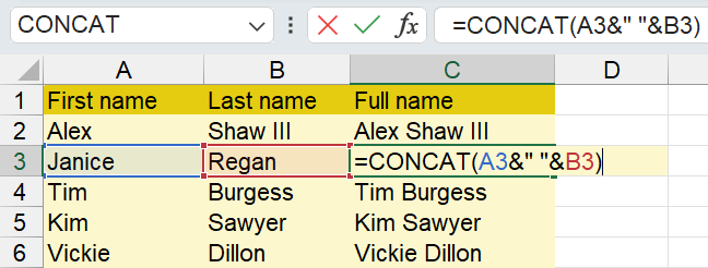 Example usage of CONCAT - Excel Effects