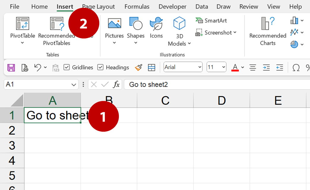 Select cell and show Insert menu - Excel Effects